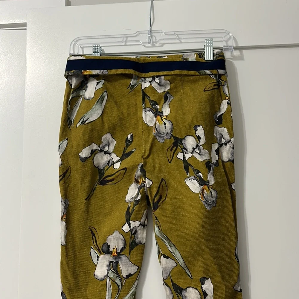 ZARA Mustard Yellow White Orchid Floral Linen Skinny Cigarette Pants